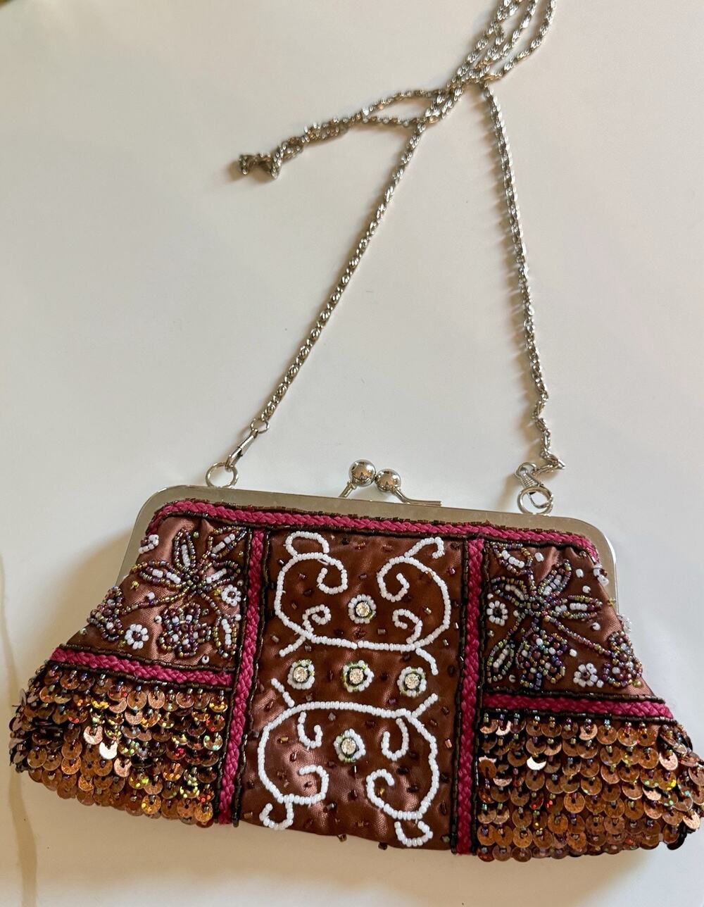 Vintage 1980โs Retro Beaded Evening Bag Clutch Brown Multi 9"x5"